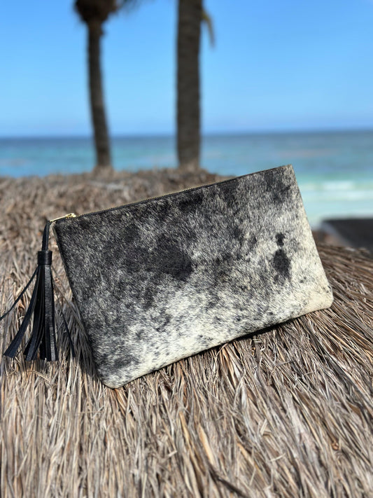 Cowhide Clutch with Leather Tassels