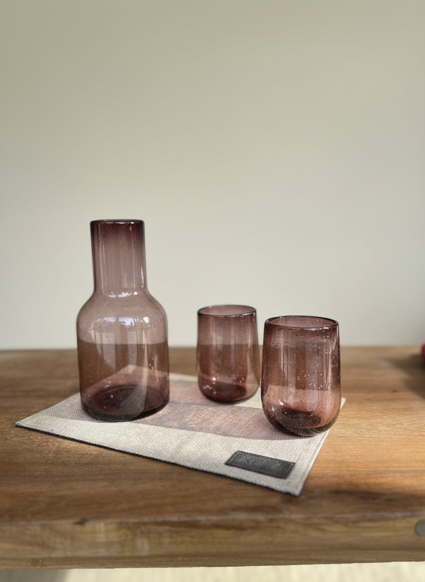 Smoked Pink Glass Blown Bottle & Glasses Set