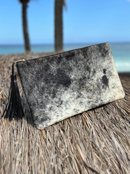 Cowhide Clutch with Leather Tassels