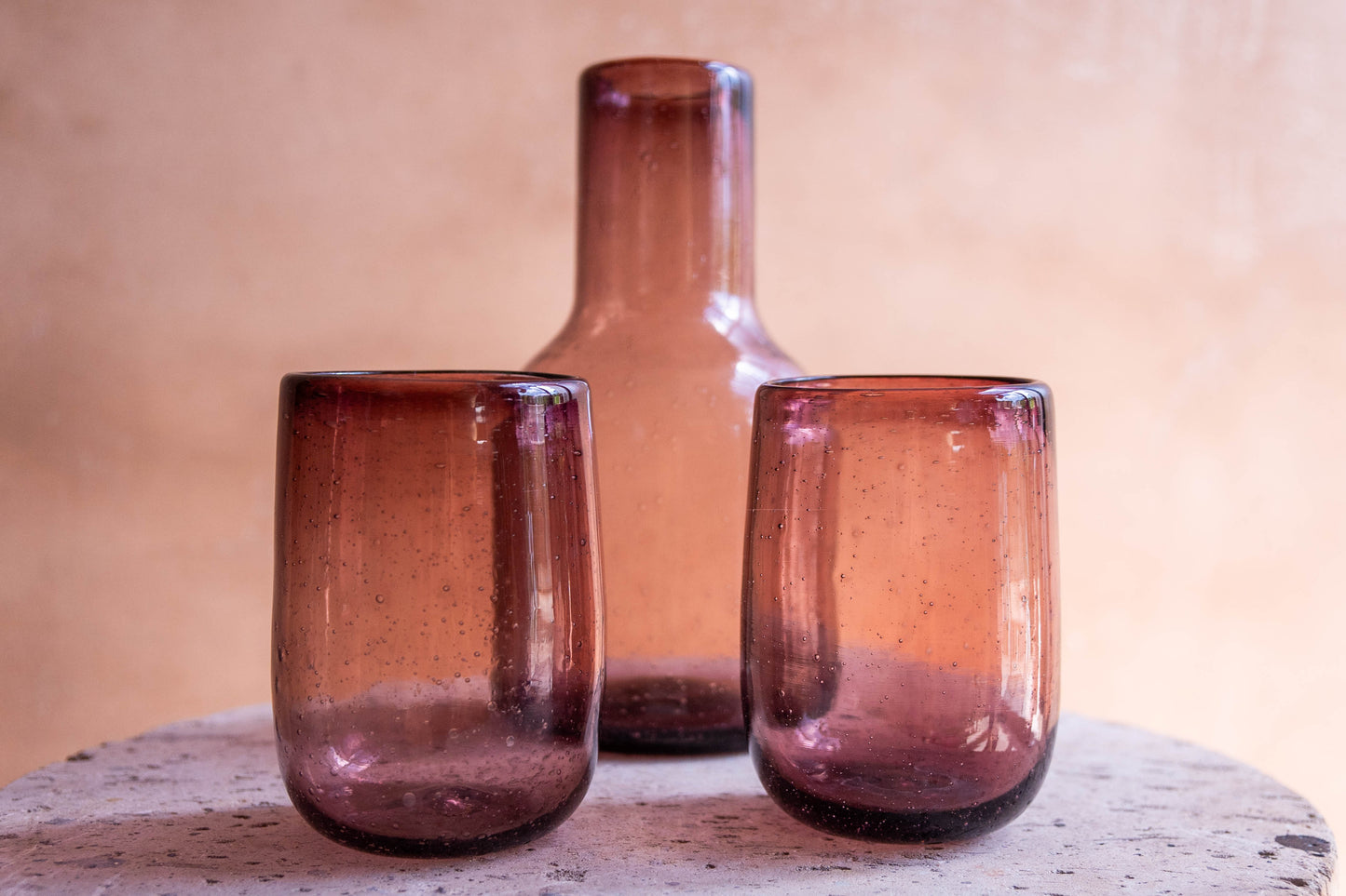Smoked Pink Glass Blown Bottle & Glasses Set