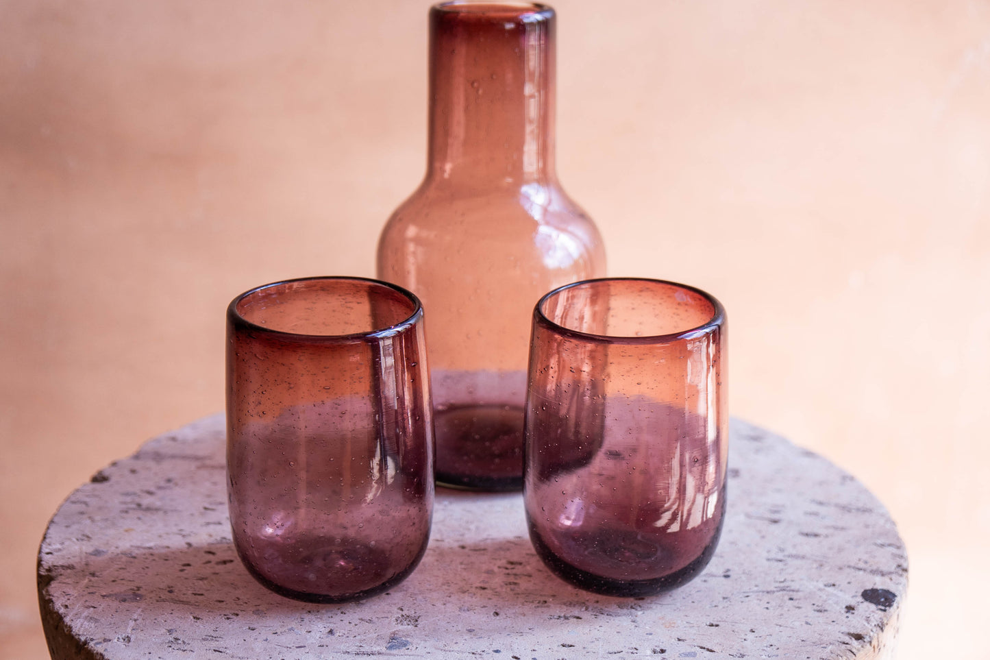 Smoked Pink Glass Blown Bottle & Glasses Set