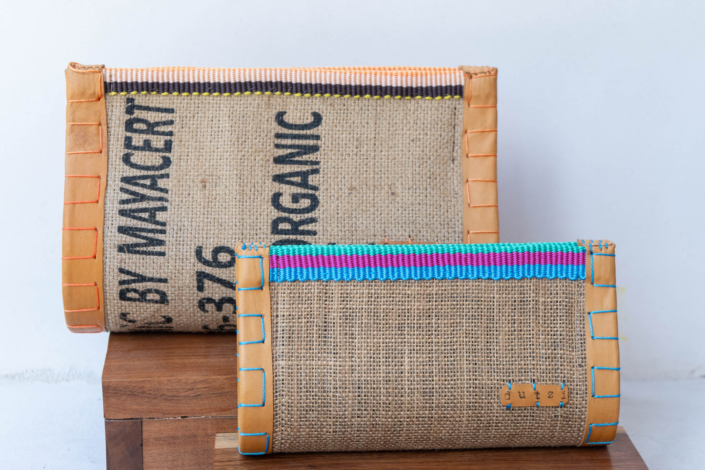 Vintage Burlap Pouch with Leather and Mecapal