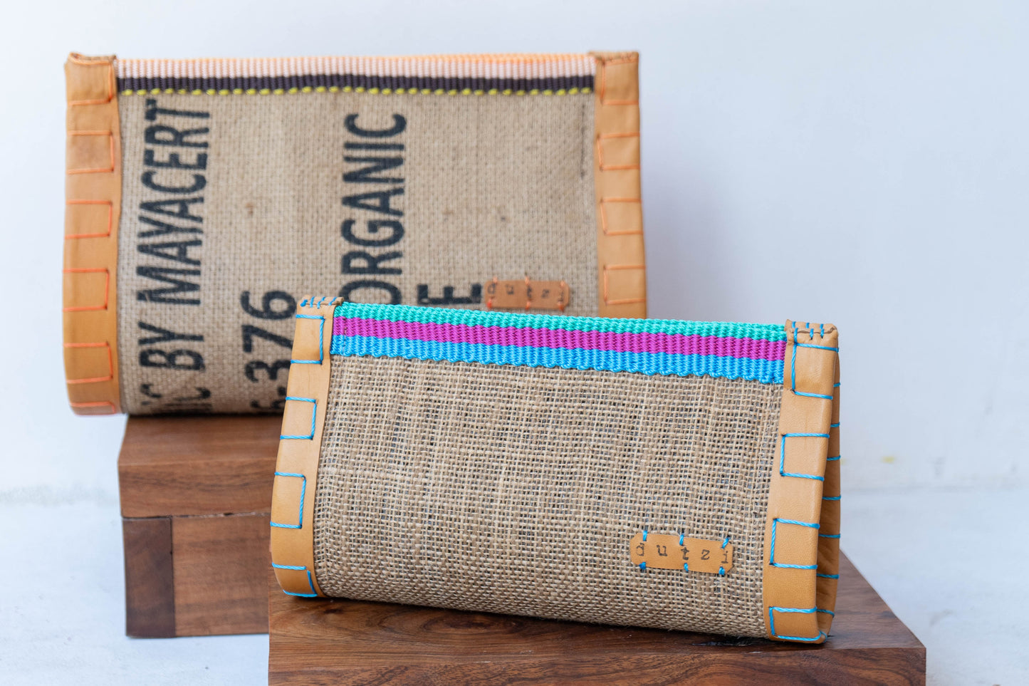 Vintage Burlap Pouch with Leather and Mecapal