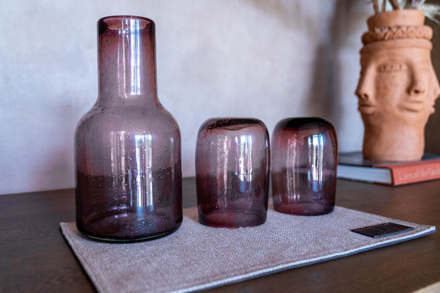 Smoked Pink Glass Blown Bottle & Glasses Set